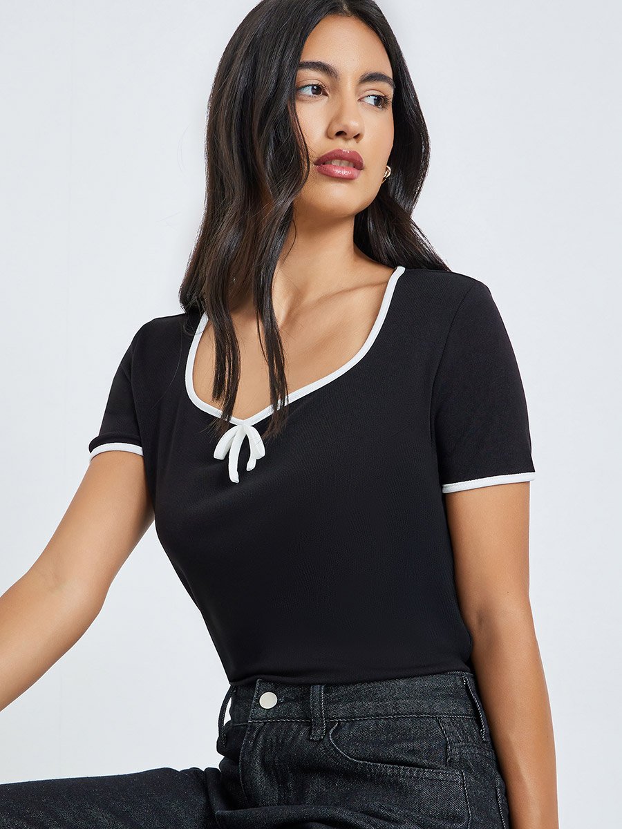 Black Ribbed Knit Top with White Trim