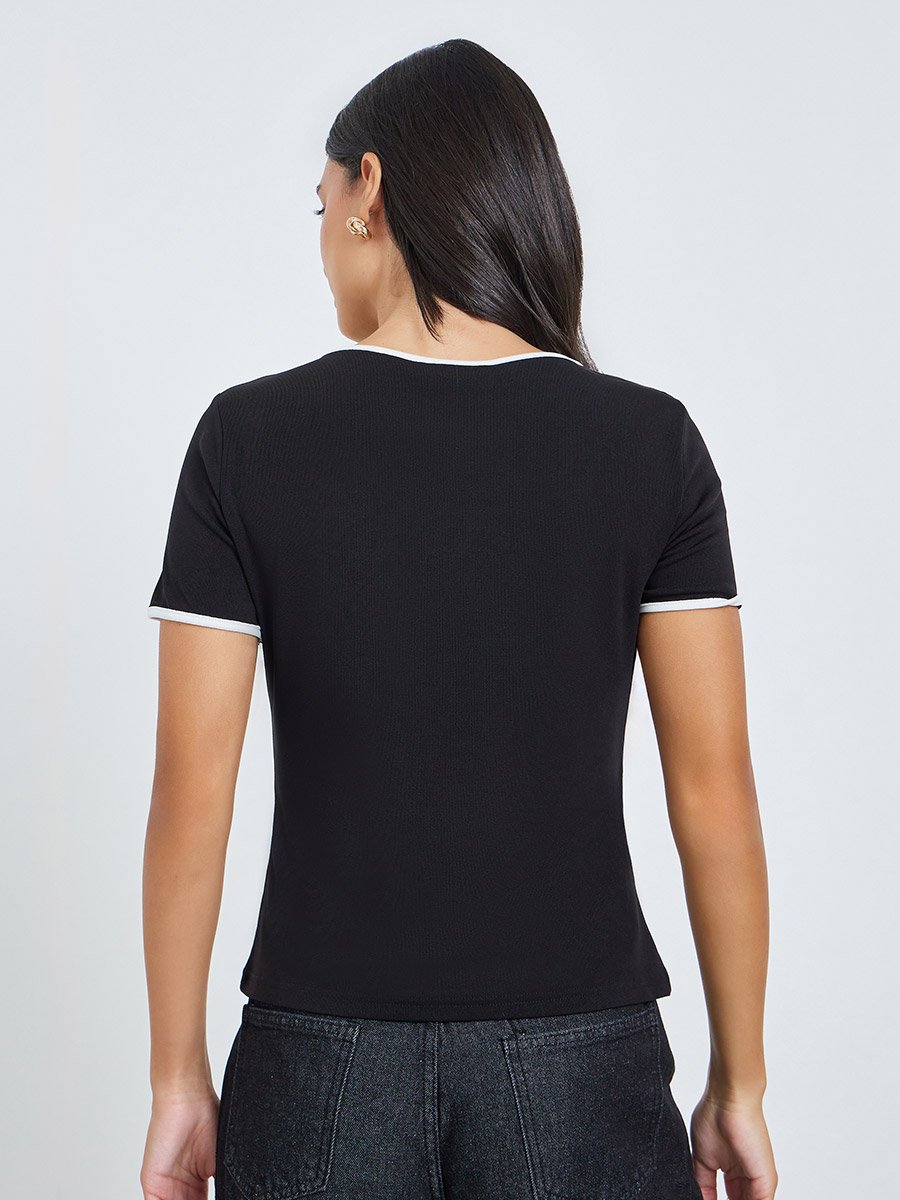 Black Ribbed Knit Top with White Trim