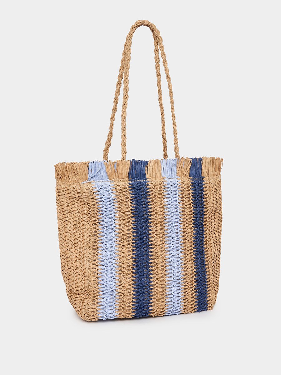 Raffia Fringe Design Color Block Shoulder Bag For Women at  display picture 1