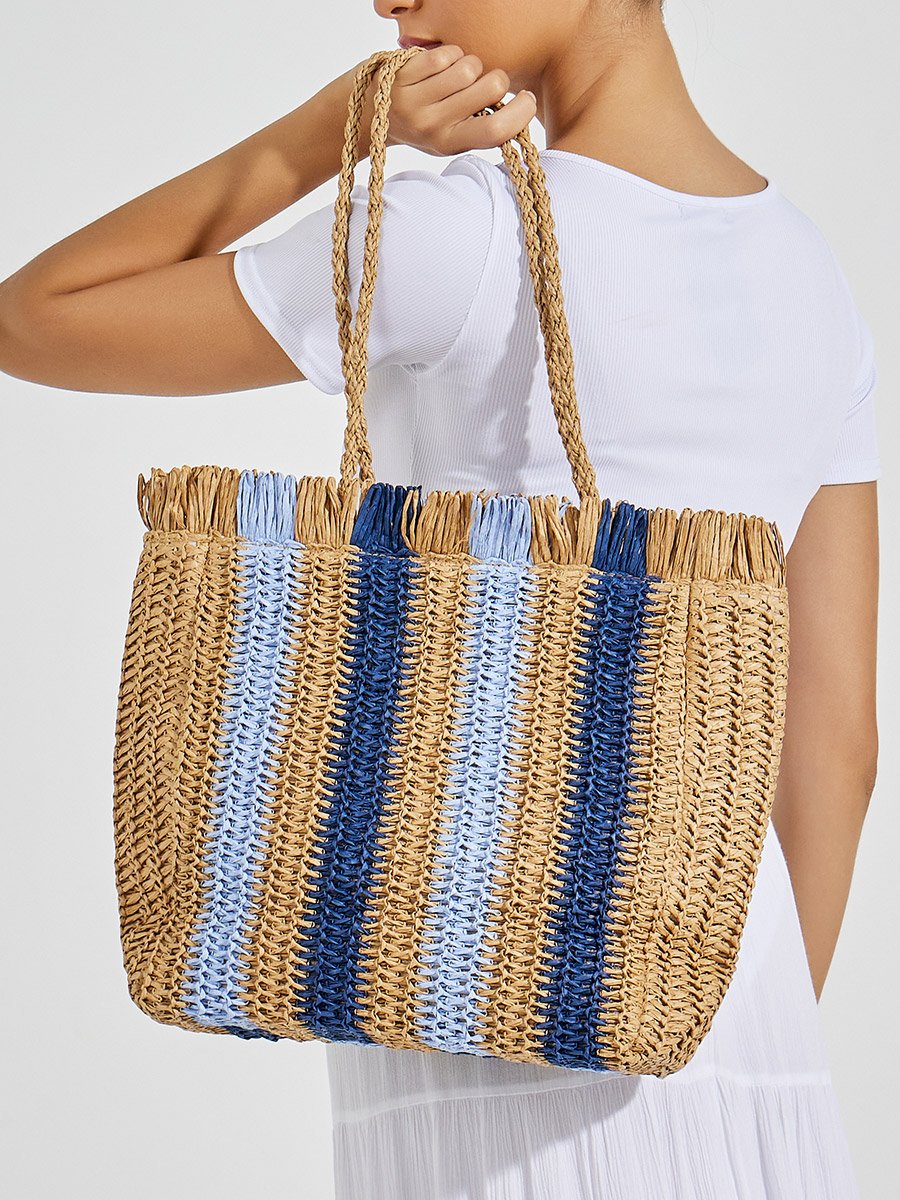 Raffia Fringe Design Color Block Shoulder Bag For Women at  display picture 1