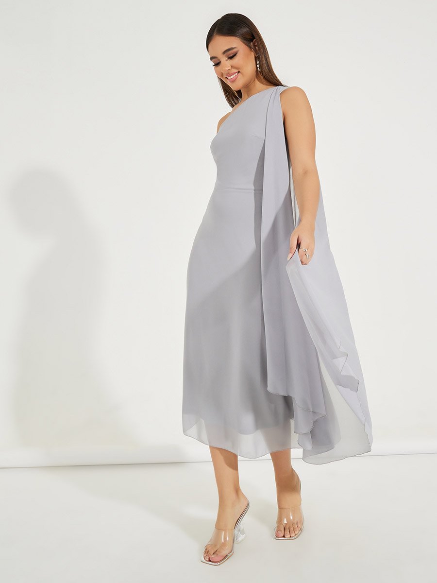 One Shoulder Draped Midi Dress