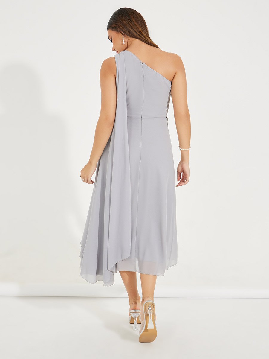 One Shoulder Draped Midi Dress