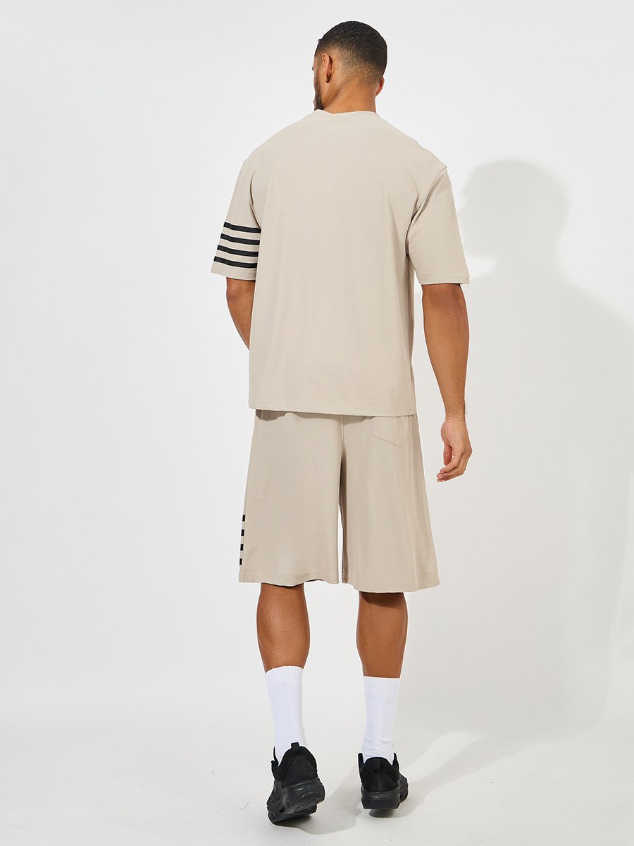 Oversized Stretch Pique Knit T-Shirt and Striped Shorts Set