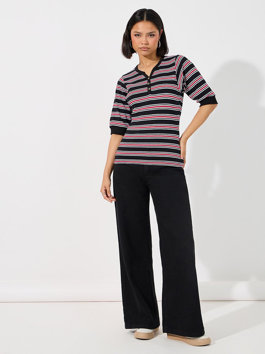 Striped V Neck Knit Top with Half Button Placket