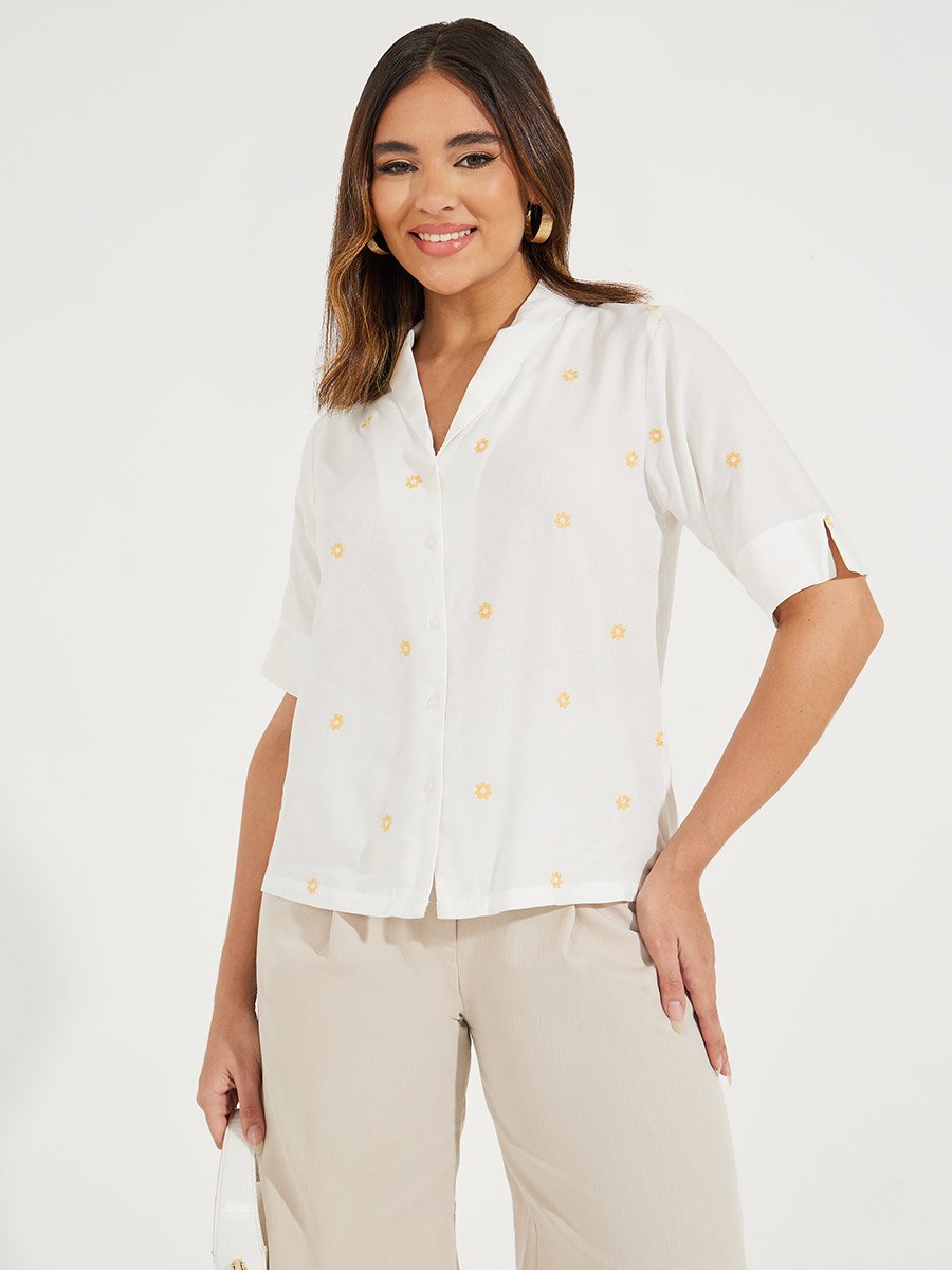 Floral Embroidery Detail Relaxed Fit Shirt