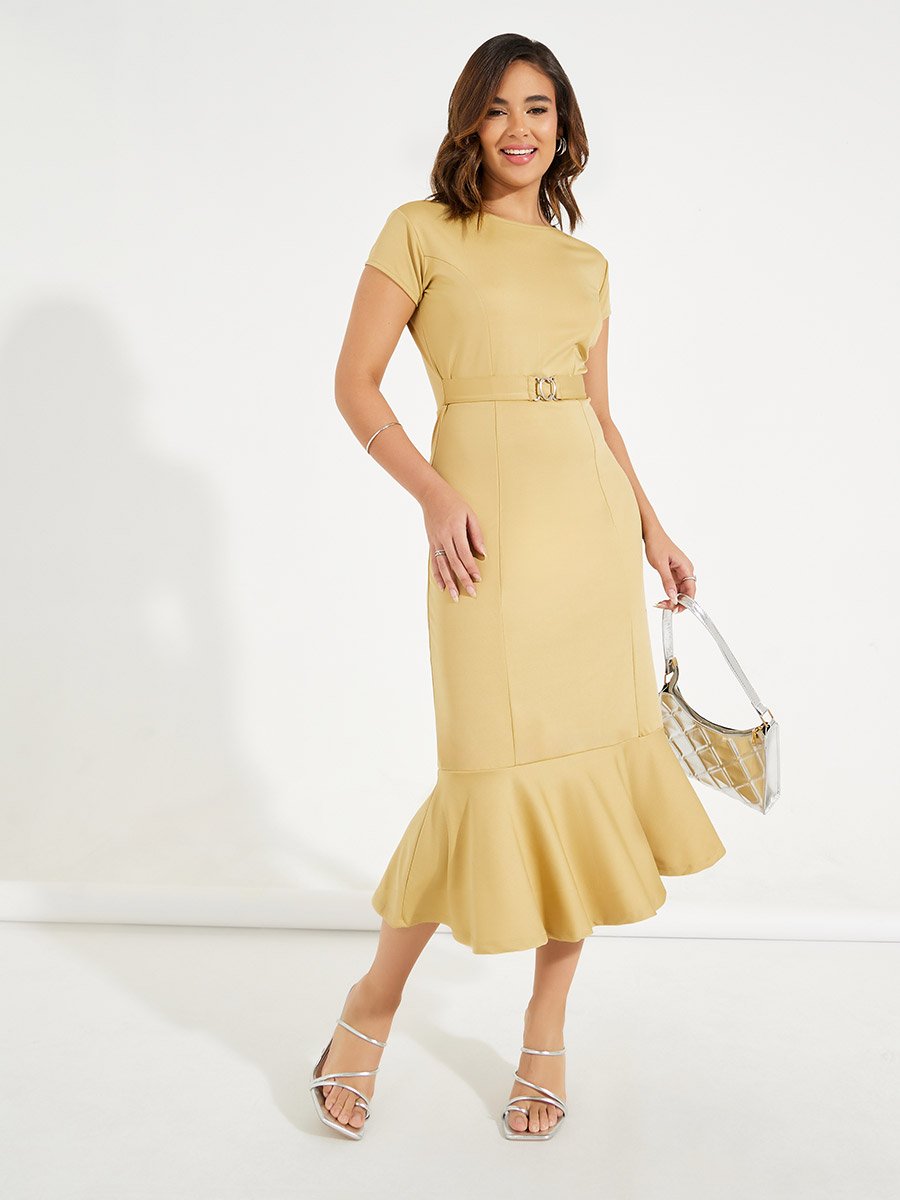 Knitted Frill Hem Belted Sheath Midi Dress