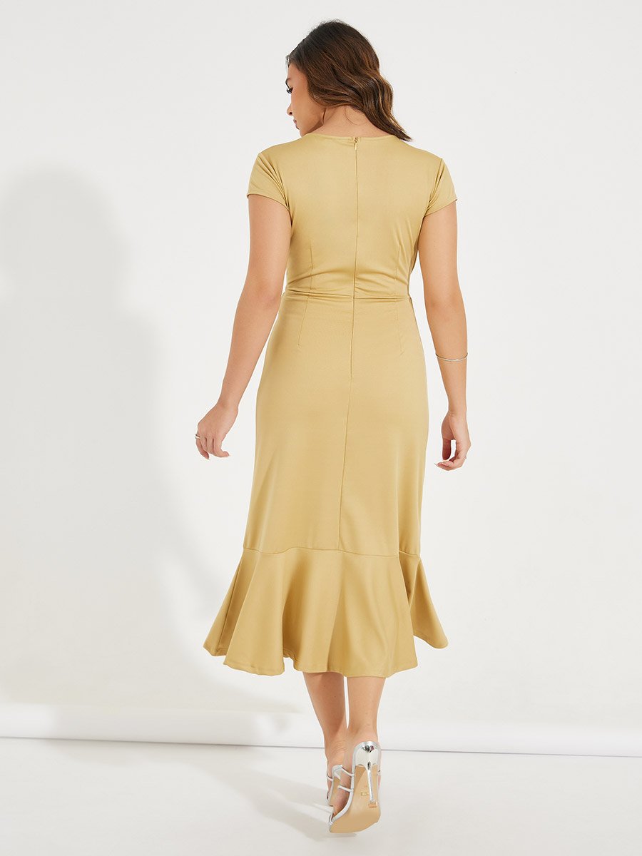 Knitted Frill Hem Belted Sheath Midi Dress