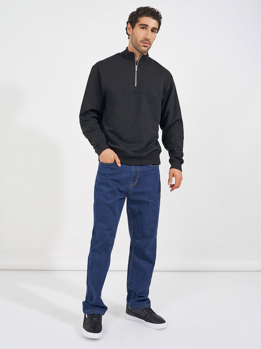 Relaxed Fit Quarter Zip Fleece Sweatshirt with Front Seam Detail