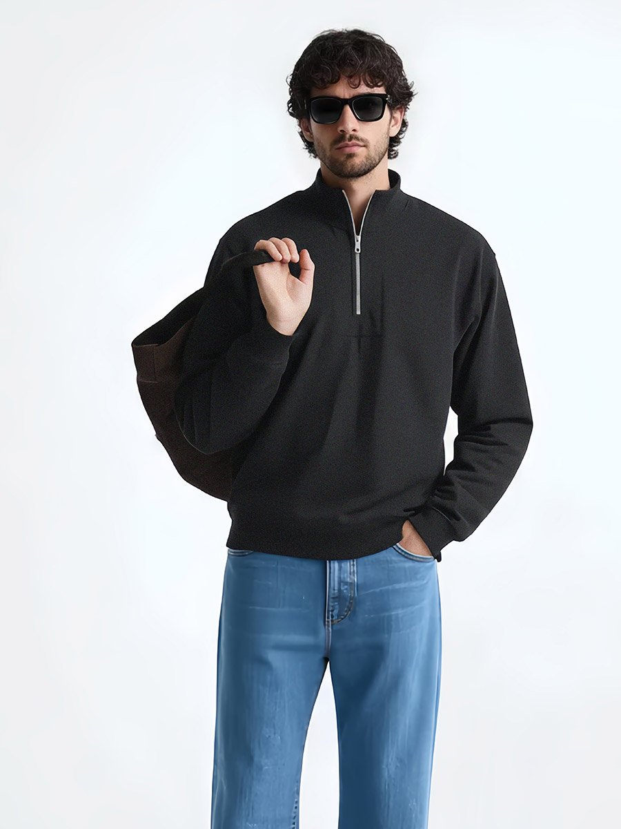Relaxed Fit Quarter Zip Fleece Sweatshirt with Front Seam Detail