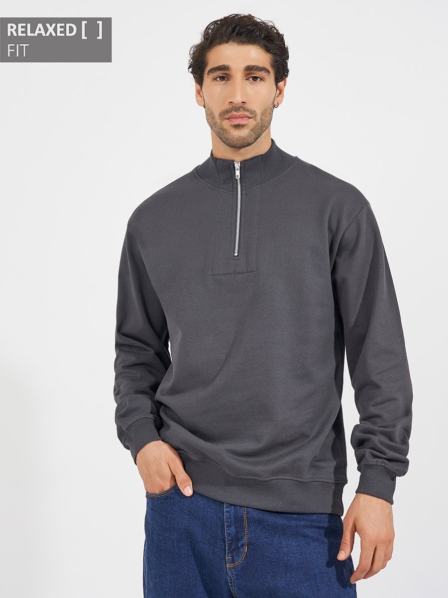 Relaxed Fit Quarter Zip Fleece Sweatshirt with Front Seam Detail