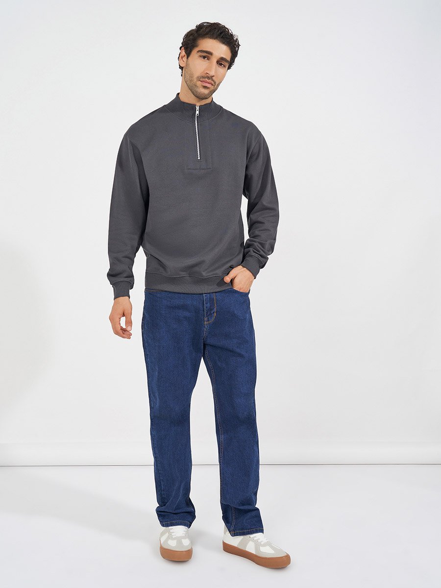 Relaxed Fit Quarter Zip Fleece Sweatshirt with Front Seam Detail