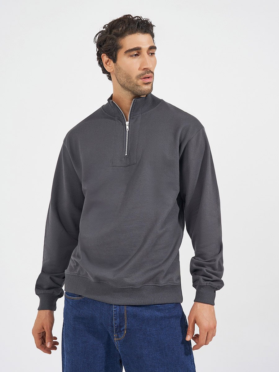 Relaxed Fit Quarter Zip Fleece Sweatshirt with Front Seam Detail
