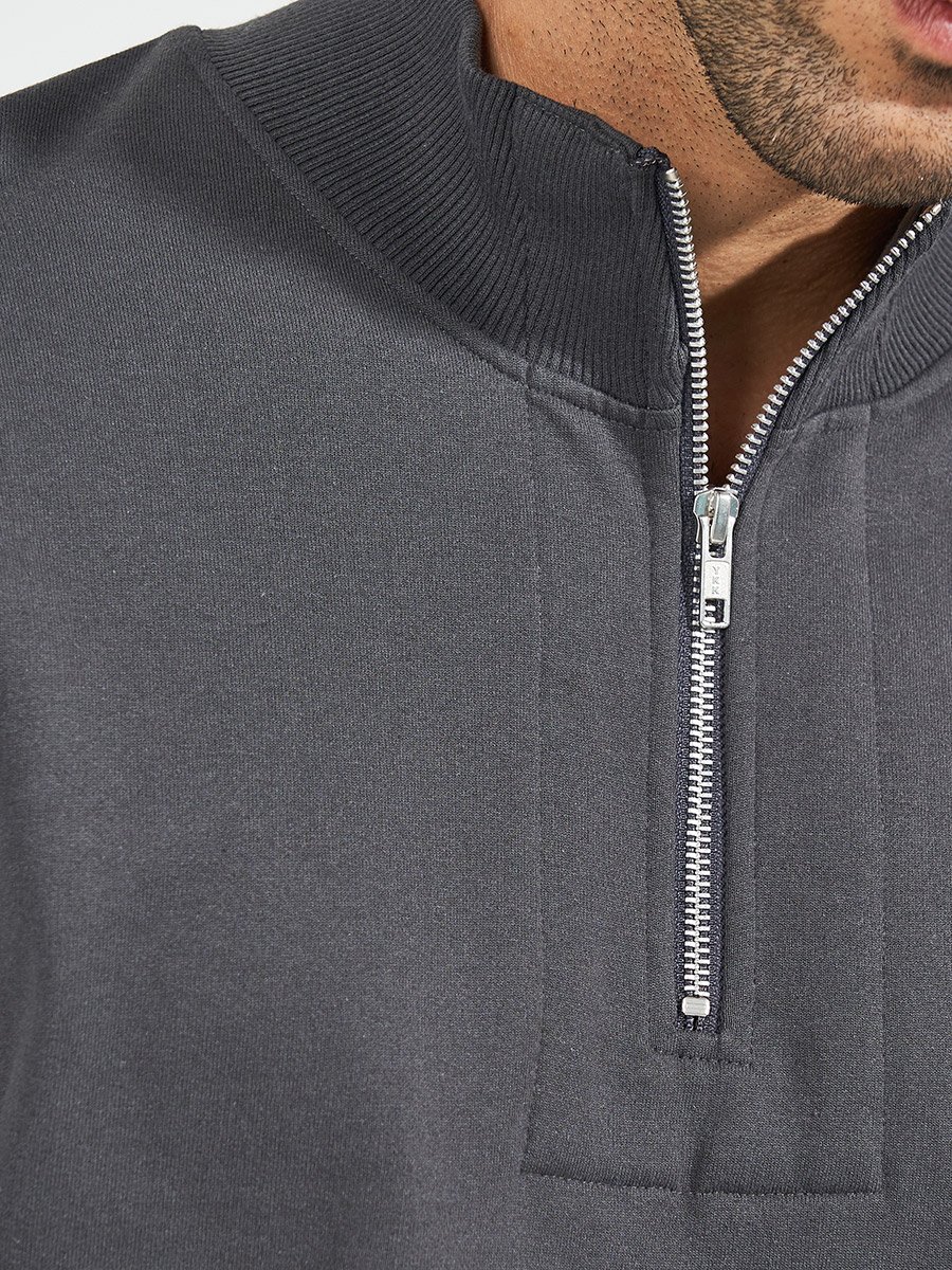 Relaxed Fit Quarter Zip Fleece Sweatshirt with Front Seam Detail