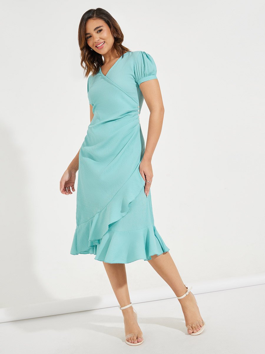 Ruffled Mock Wrap Midi Dress with Puff Sleeve