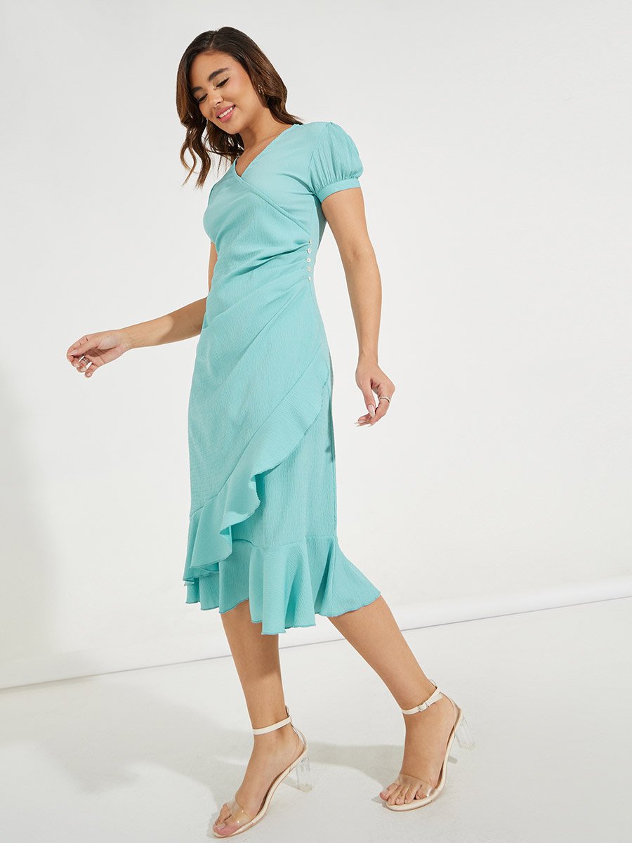 Ruffled Mock Wrap Midi Dress with Puff Sleeve