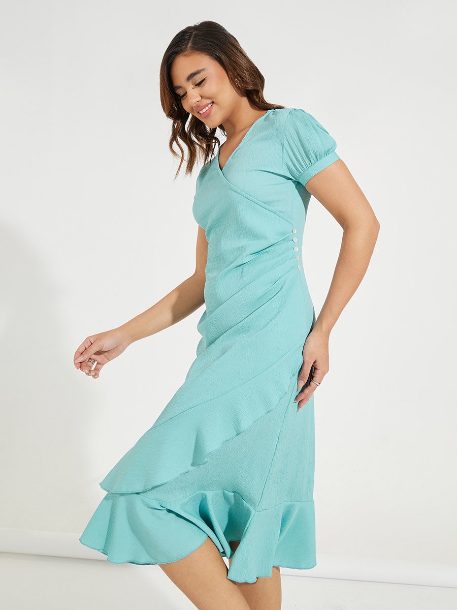 Ruffled Mock Wrap Midi Dress with Puff Sleeve