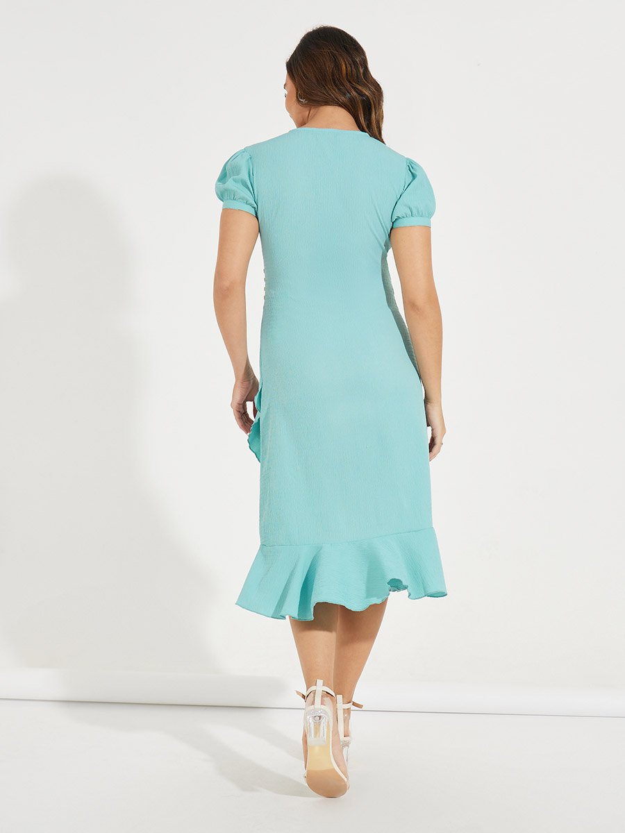 Ruffled Mock Wrap Midi Dress with Puff Sleeve