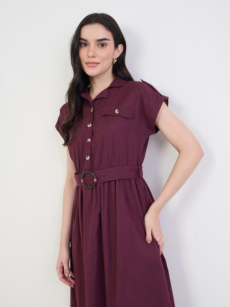 Burgundy Belted Cotton Midi Dress