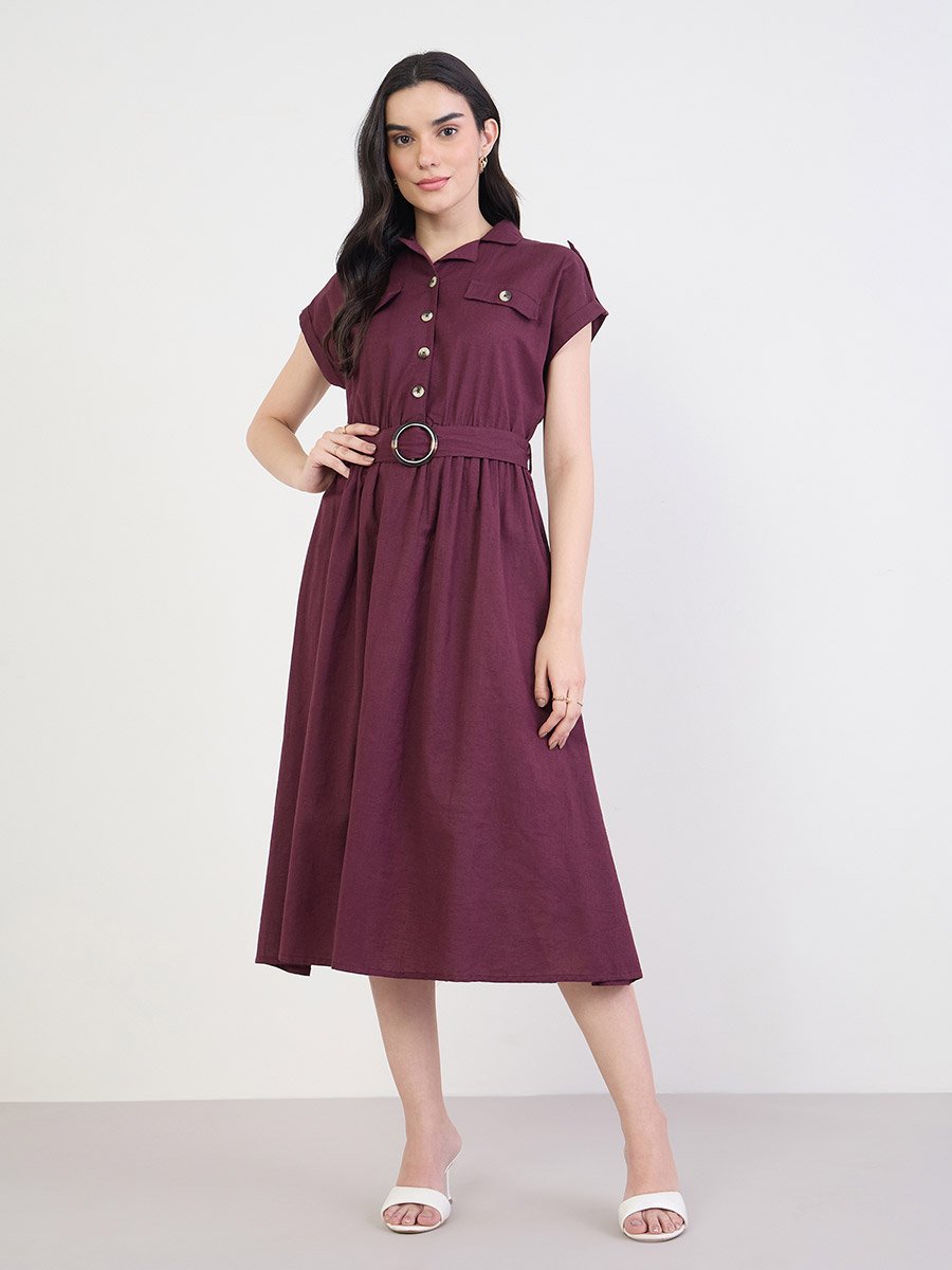 Burgundy Belted Cotton Midi Dress