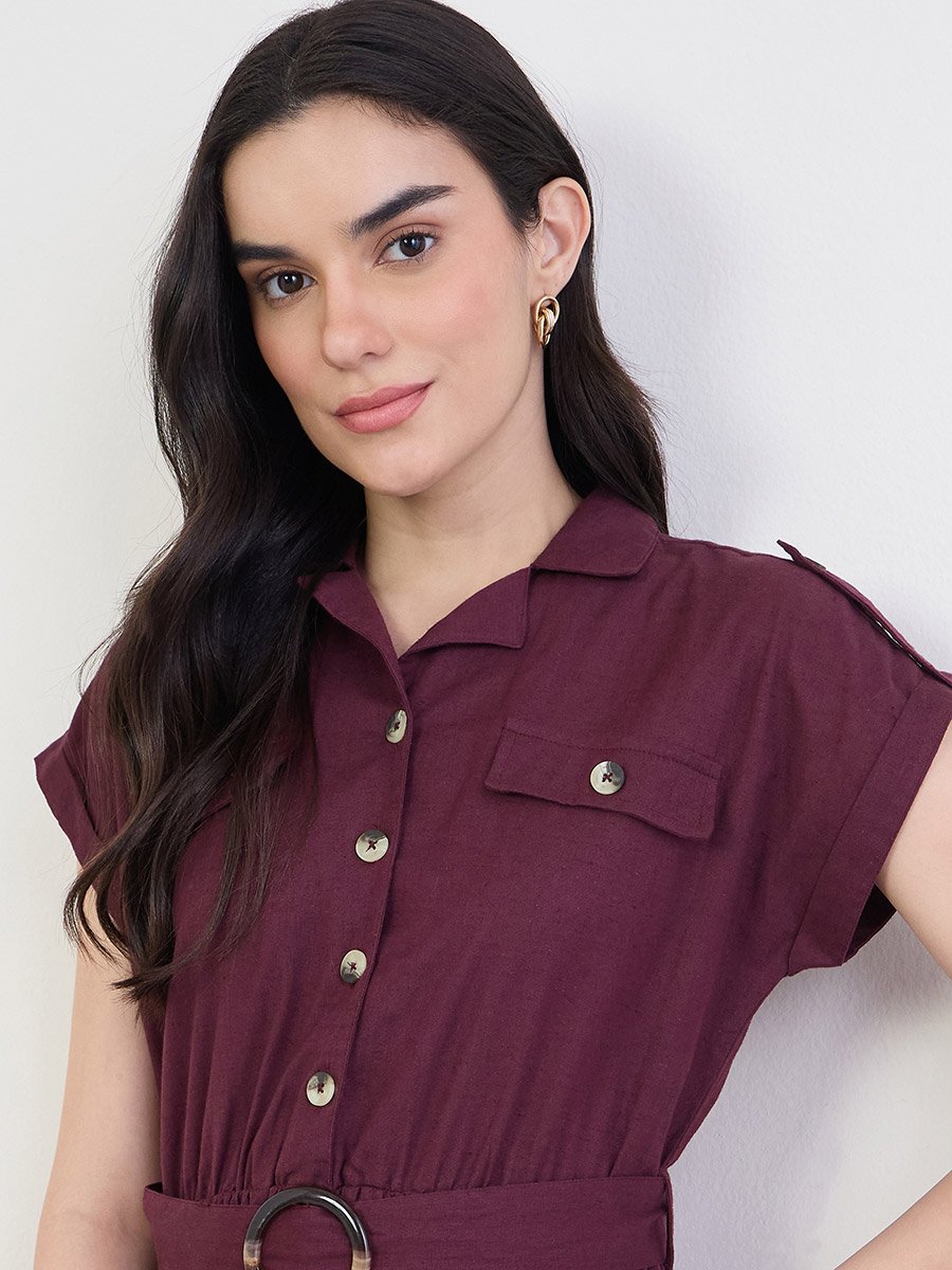 Burgundy Belted Cotton Midi Dress