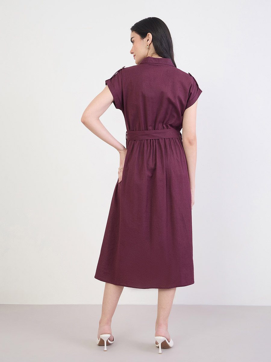 Burgundy Belted Cotton Midi Dress