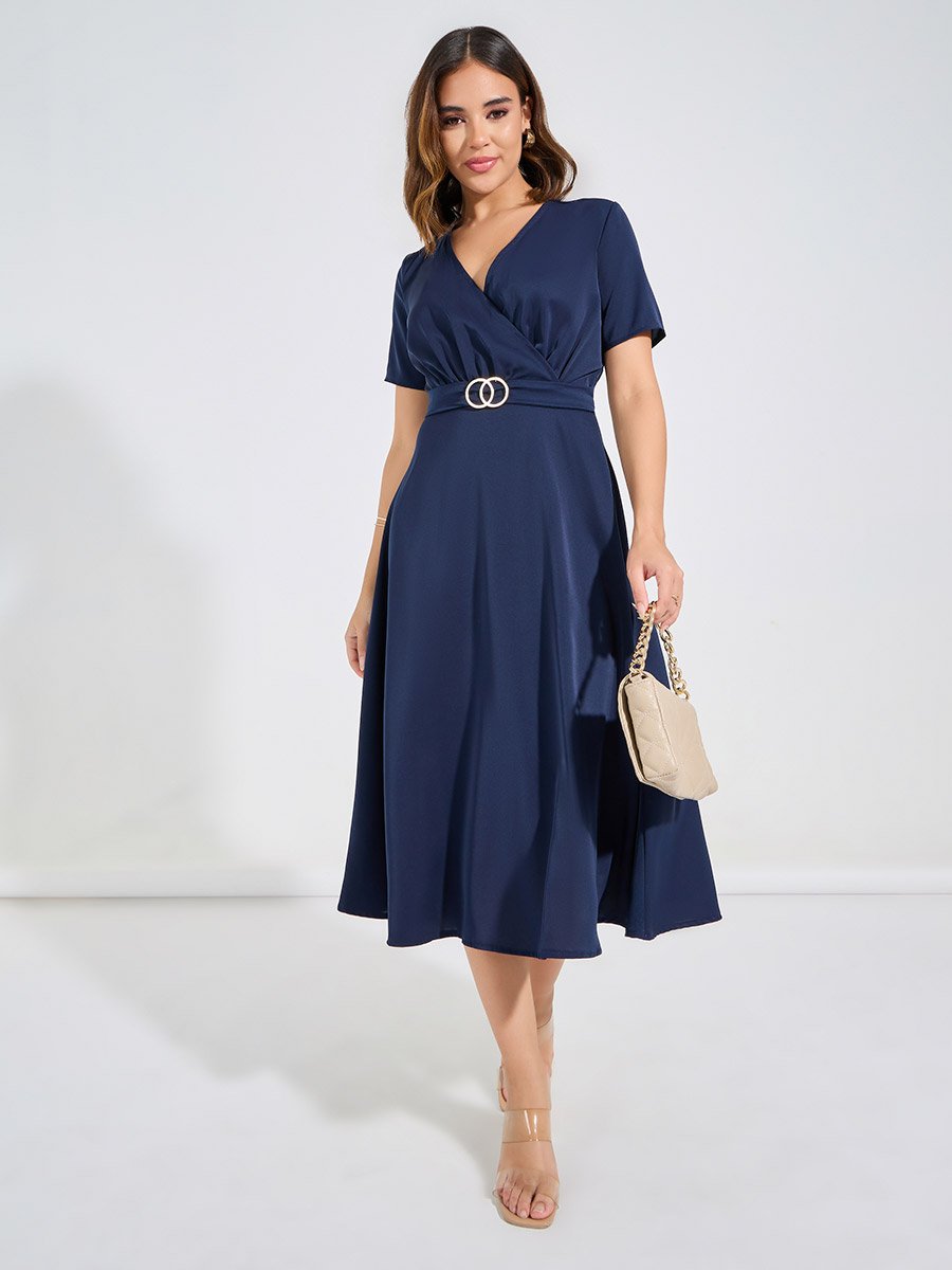 Solid V Neck Midi Dress with Buckle Detail