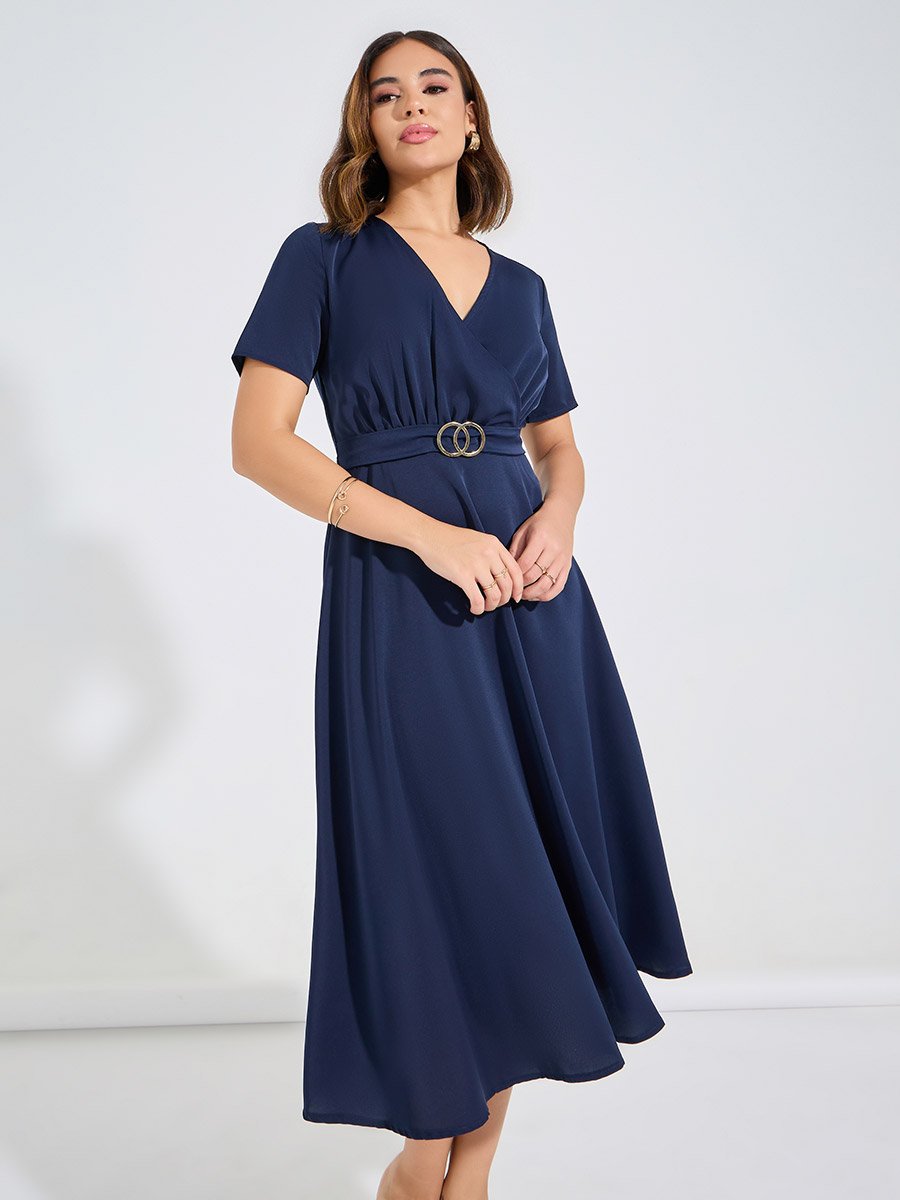 Solid V Neck Midi Dress with Buckle Detail