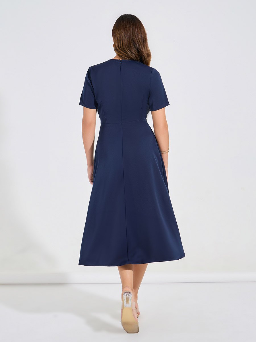 Solid V Neck Midi Dress with Buckle Detail