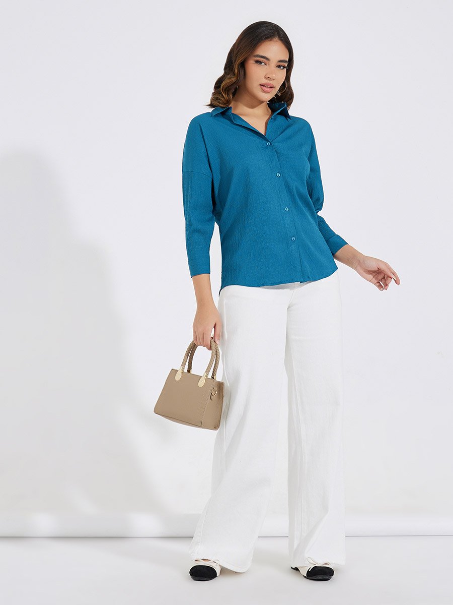 Textured Longline Shirt with Back Button Placket