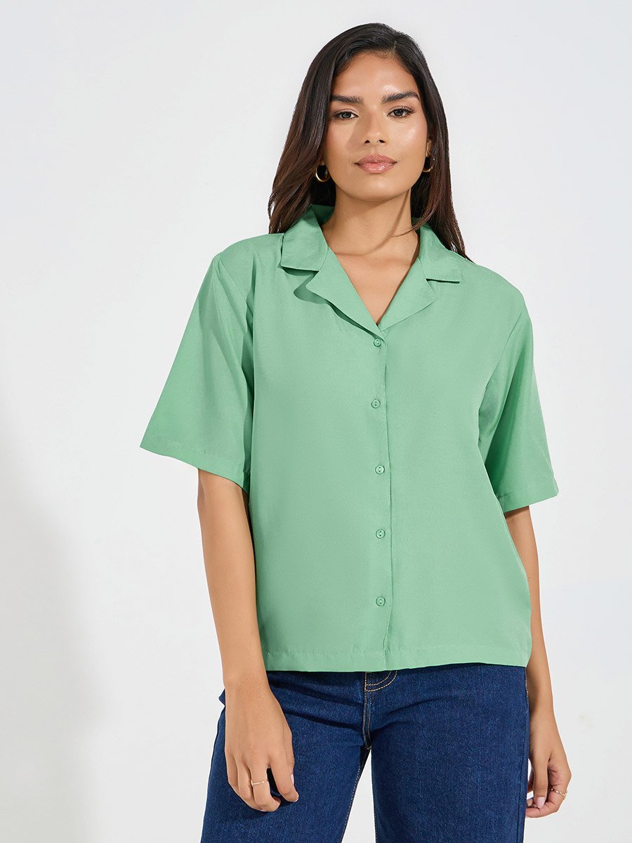 Solid Loose Fit Buttoned Shirt with Lapel Collar For Women at