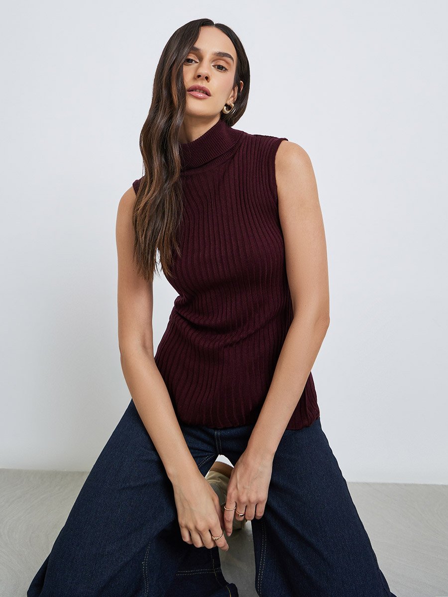 Burgundy Ribbed Turtleneck Sleeveless Sweater