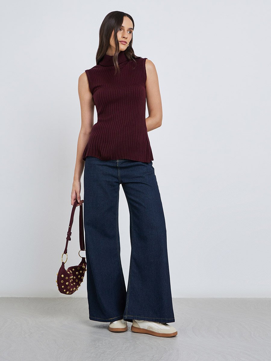 Burgundy Ribbed Turtleneck Sleeveless Sweater
