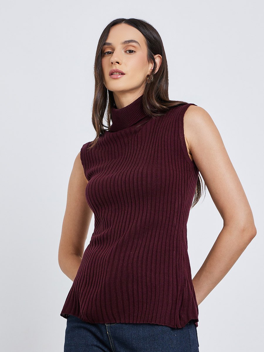 Burgundy Ribbed Turtleneck Sleeveless Sweater