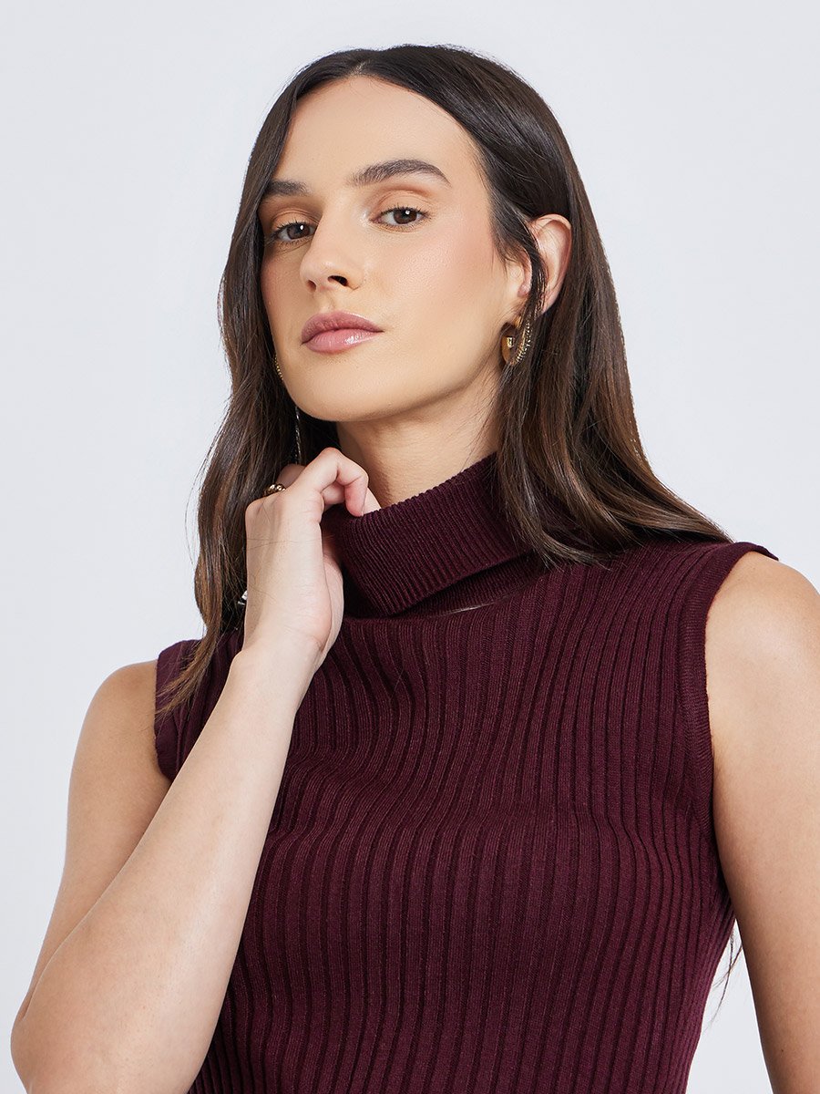 Burgundy Ribbed Turtleneck Sleeveless Sweater