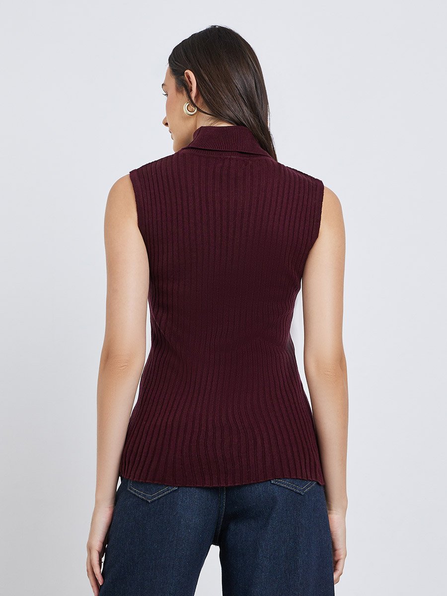 Burgundy Ribbed Turtleneck Sleeveless Sweater