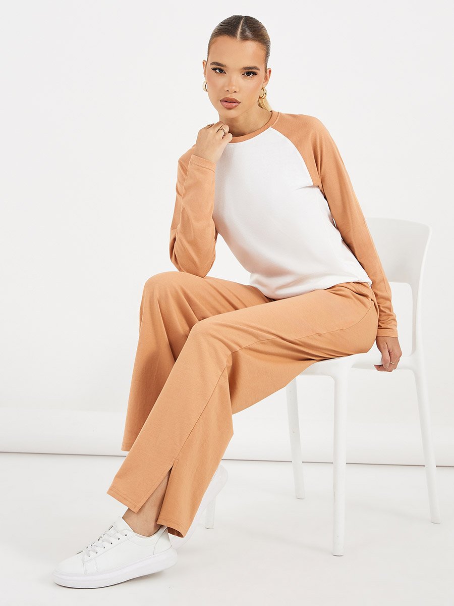 Contrast Raglan Long Sleeve T-Shirt and Wide Leg Joggers Co-Ords