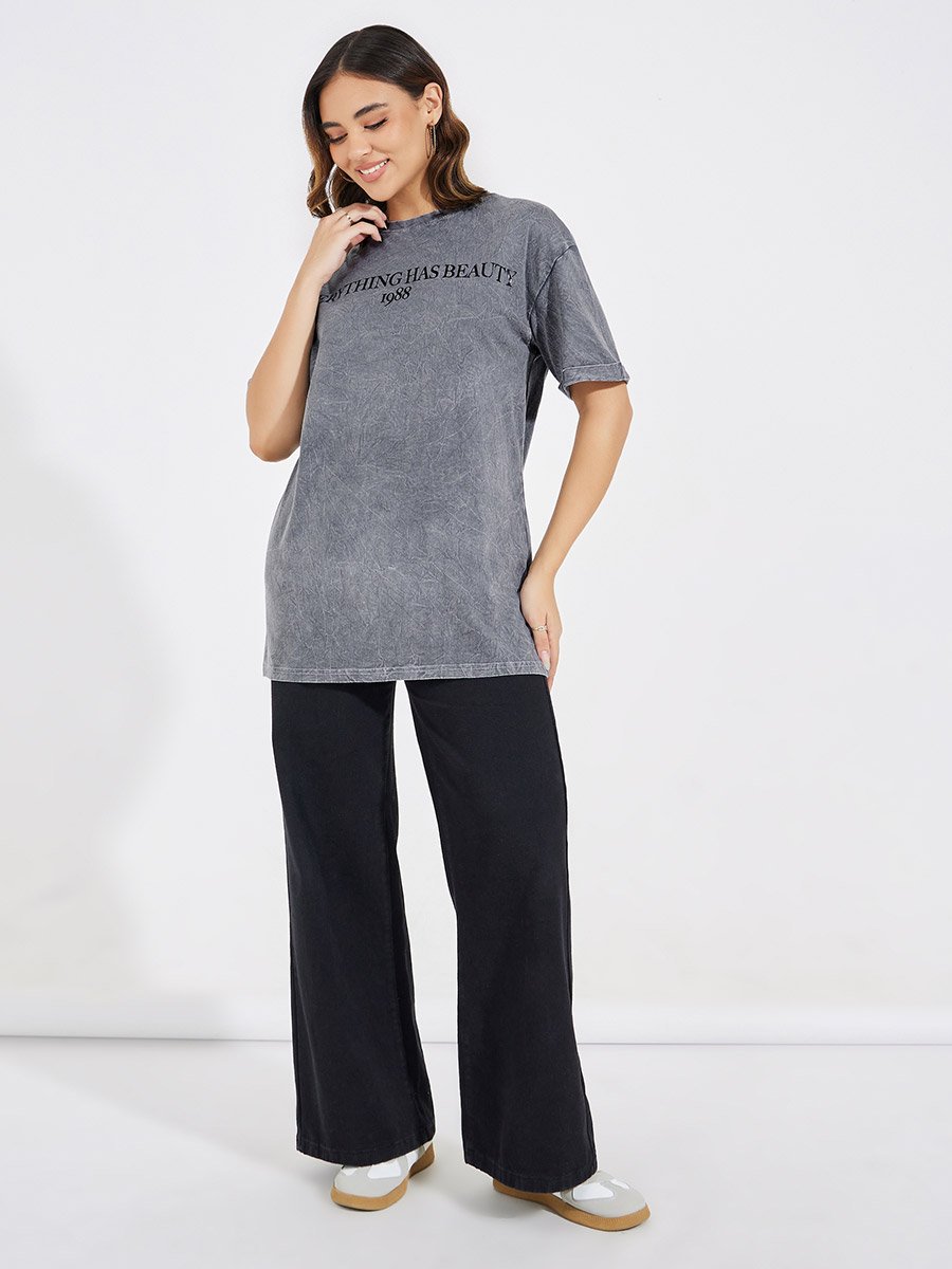 Faded Wash Beauty Slogan T-Shirt with Turn-Up Sleeves