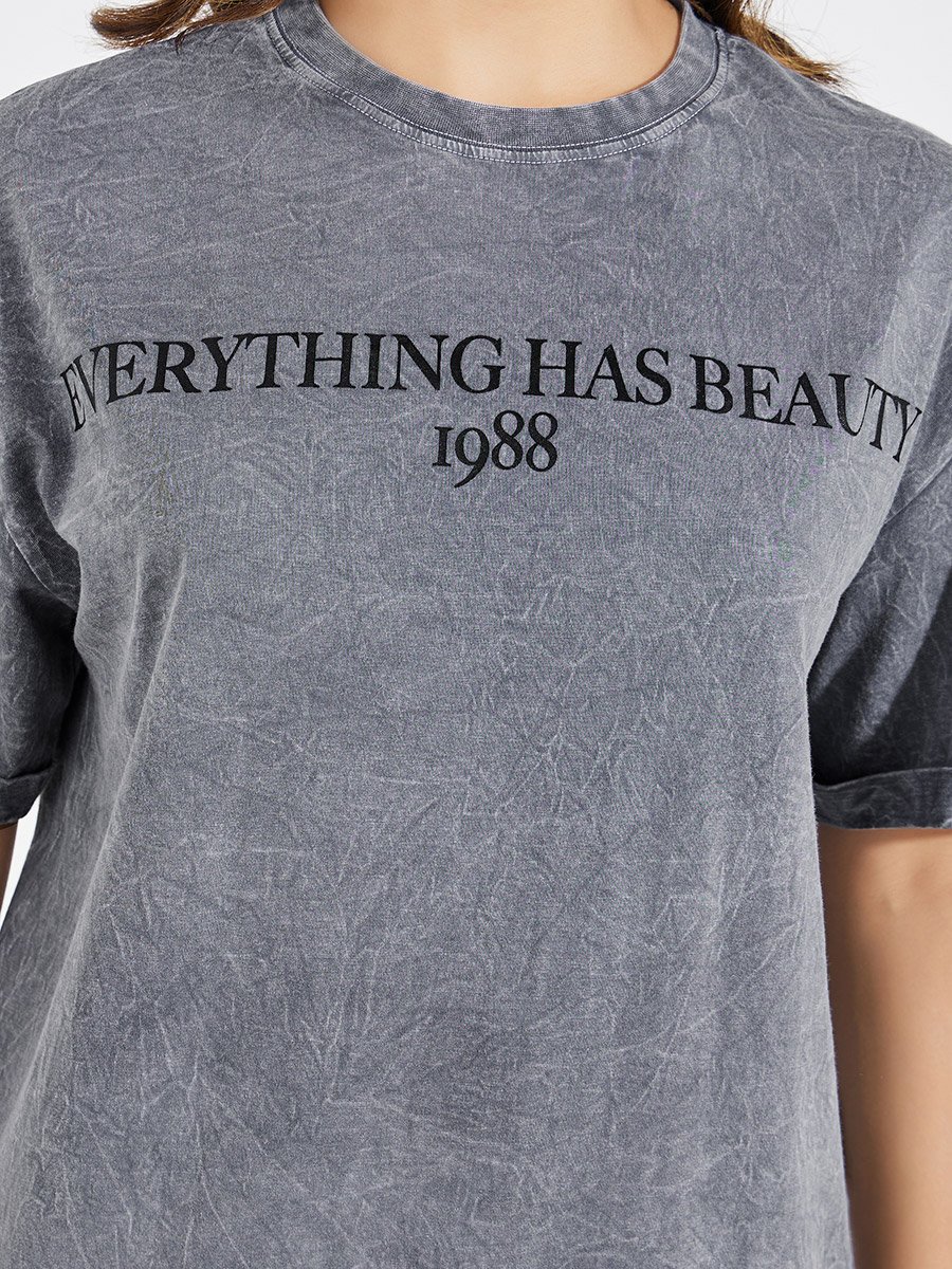 Faded Wash Beauty Slogan T-Shirt with Turn-Up Sleeves