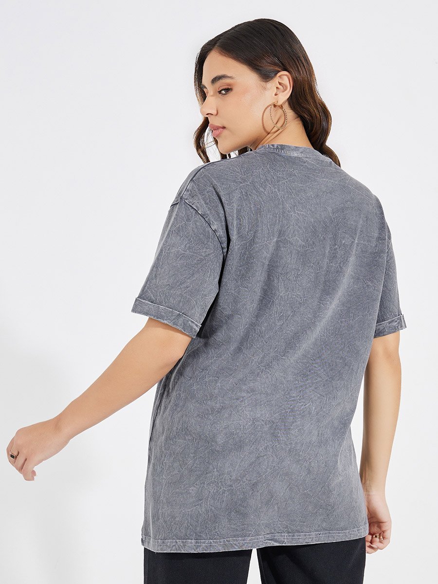 Faded Wash Beauty Slogan T-Shirt with Turn-Up Sleeves