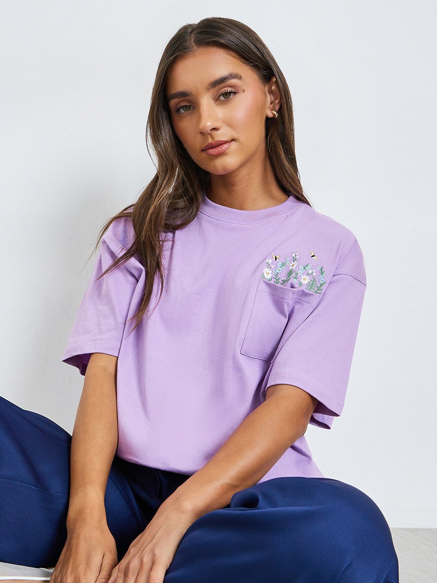 Embroidered Pocket Detail 100% Cotton T-Shirt For Women at UAE | Styli