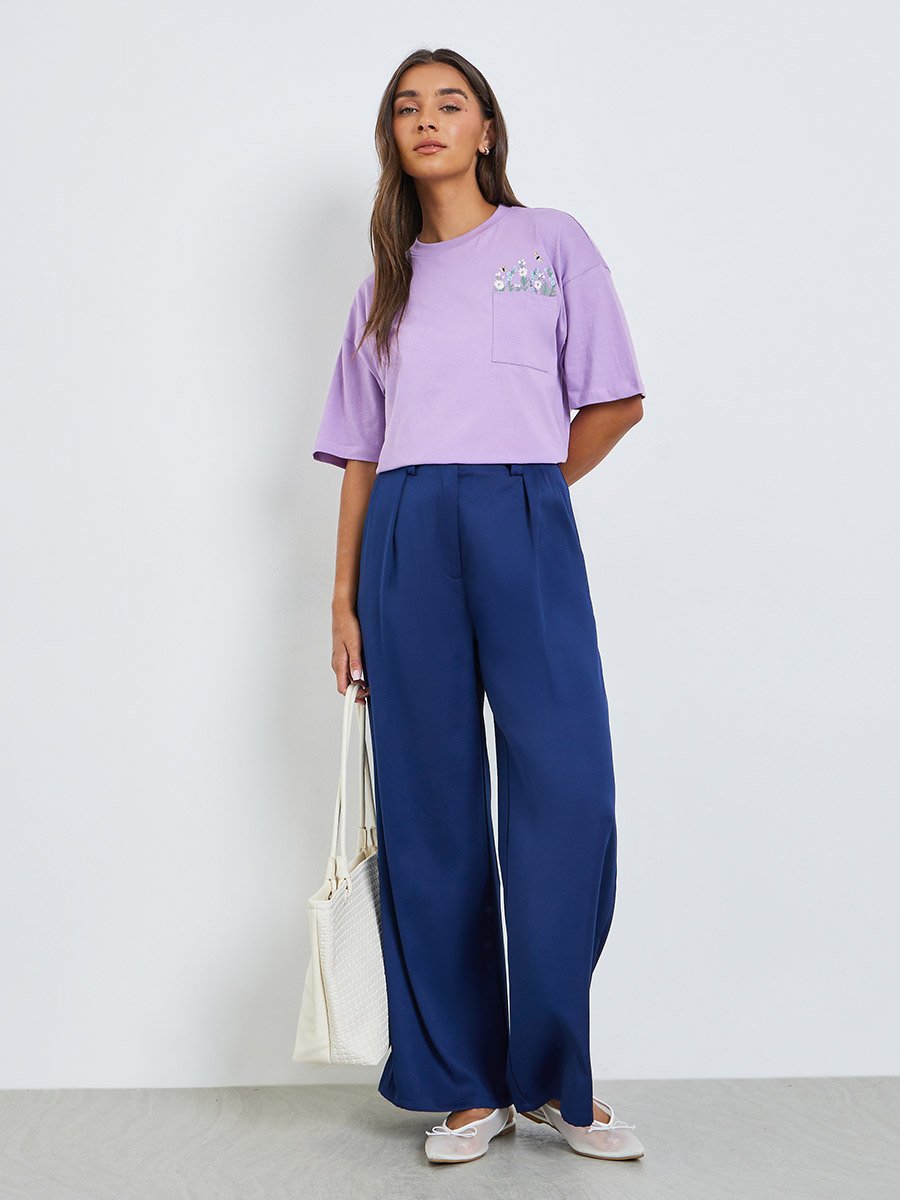 Embroidered Pocket Detail 100% Cotton T-Shirt For Women at UAE | Styli
