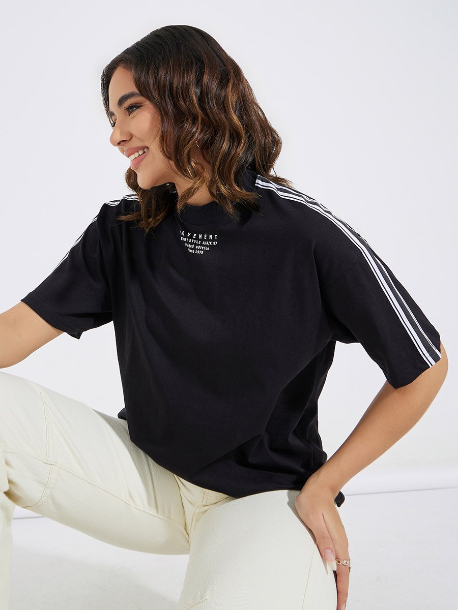 High Neck 100% Cotton T-Shirt with Shoulder Tape Detail