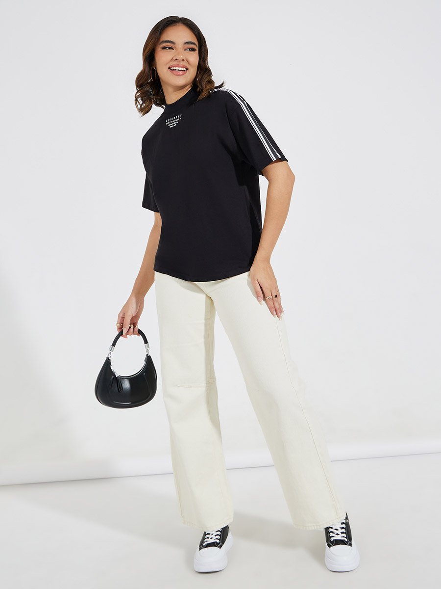 High Neck 100% Cotton T-Shirt with Shoulder Tape Detail