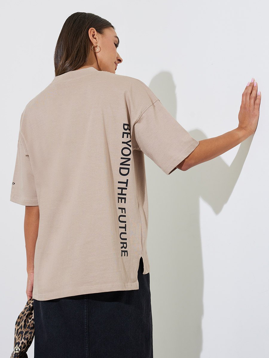 Oversized Slogan 100% Cotton T-Shirt with High-Low Hem