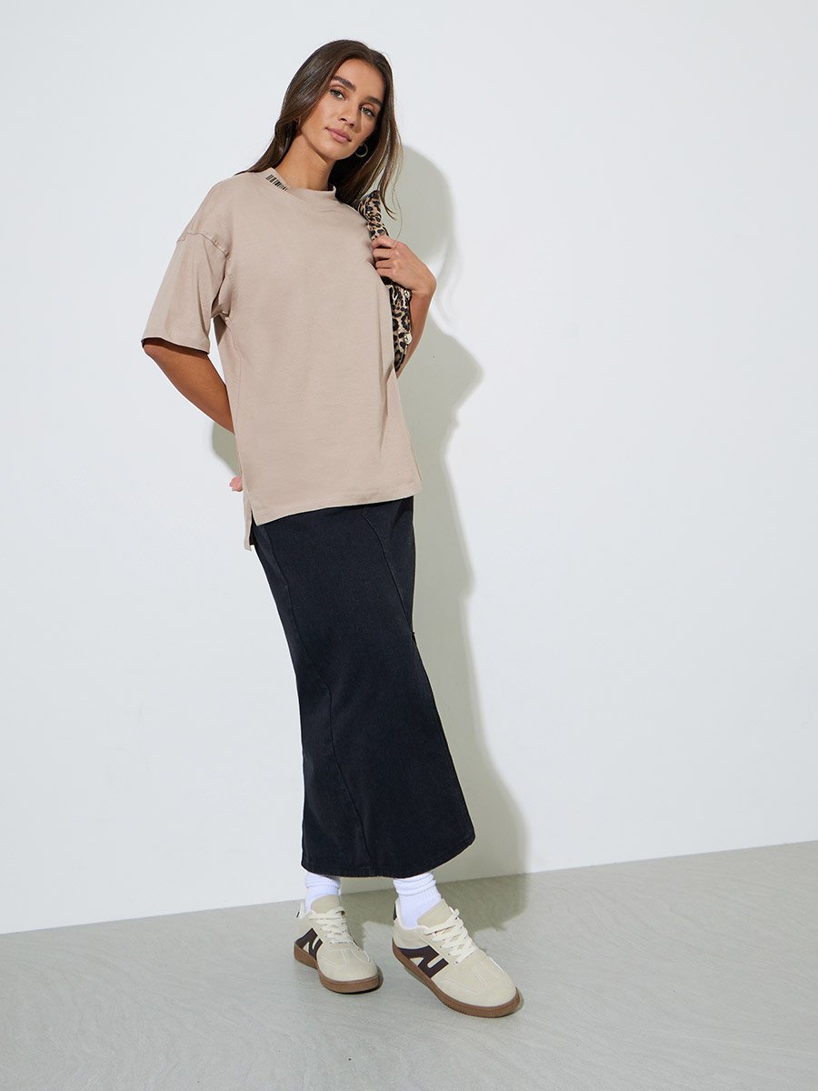 Oversized Slogan 100% Cotton T-Shirt with High-Low Hem