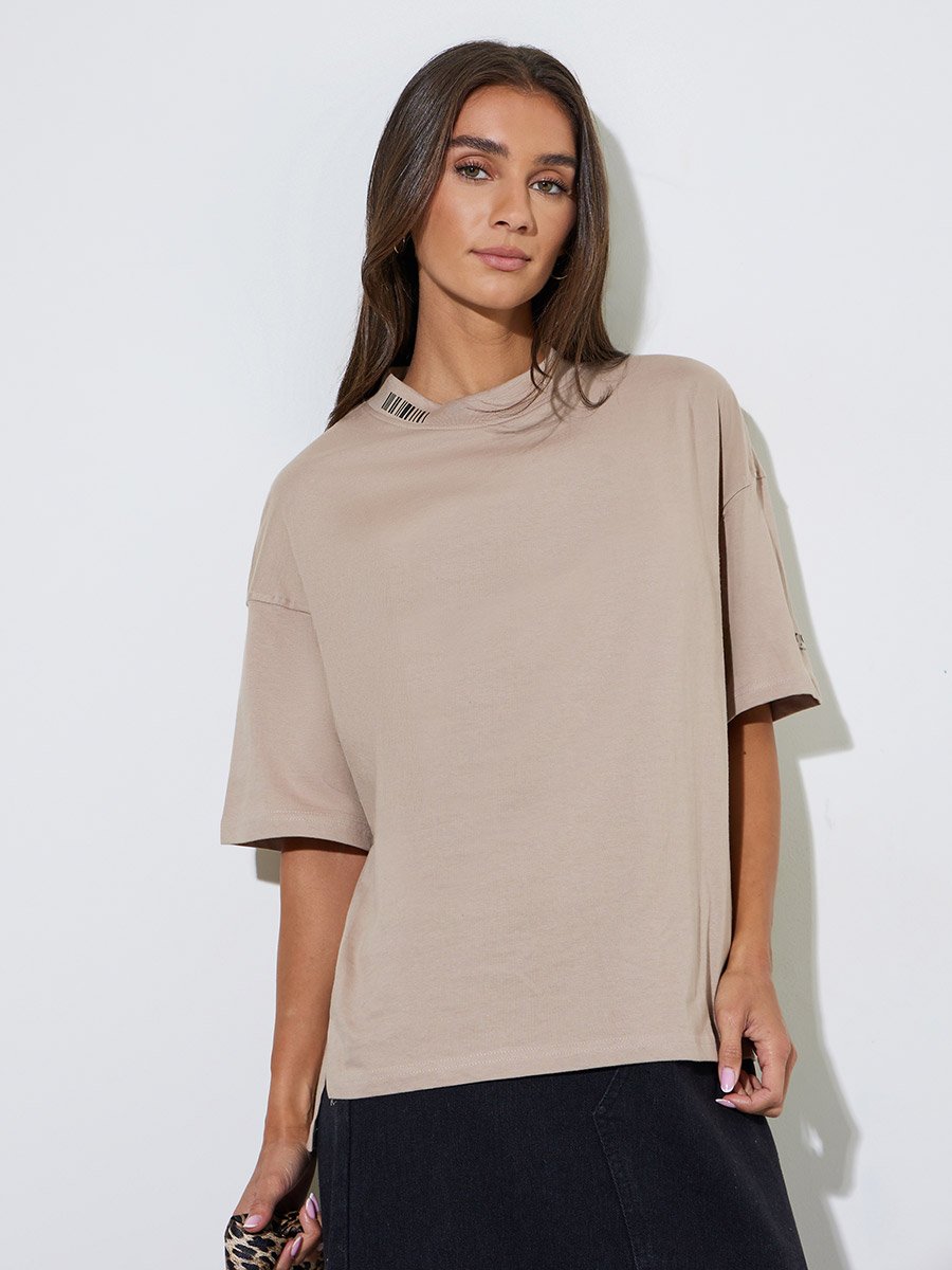 Oversized Slogan 100% Cotton T-Shirt with High-Low Hem