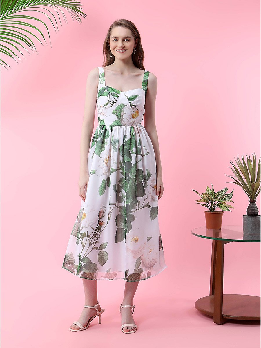 Floral Print Midi Dress with Corset Bust