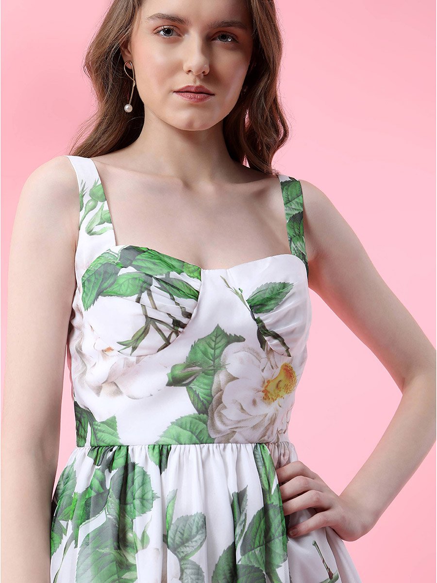 Floral Print Midi Dress with Corset Bust