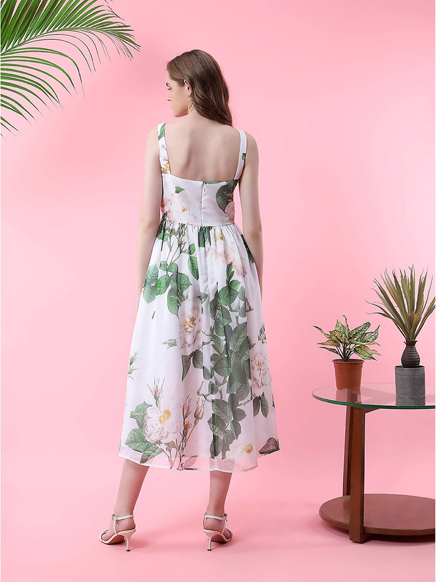 Floral Print Midi Dress with Corset Bust
