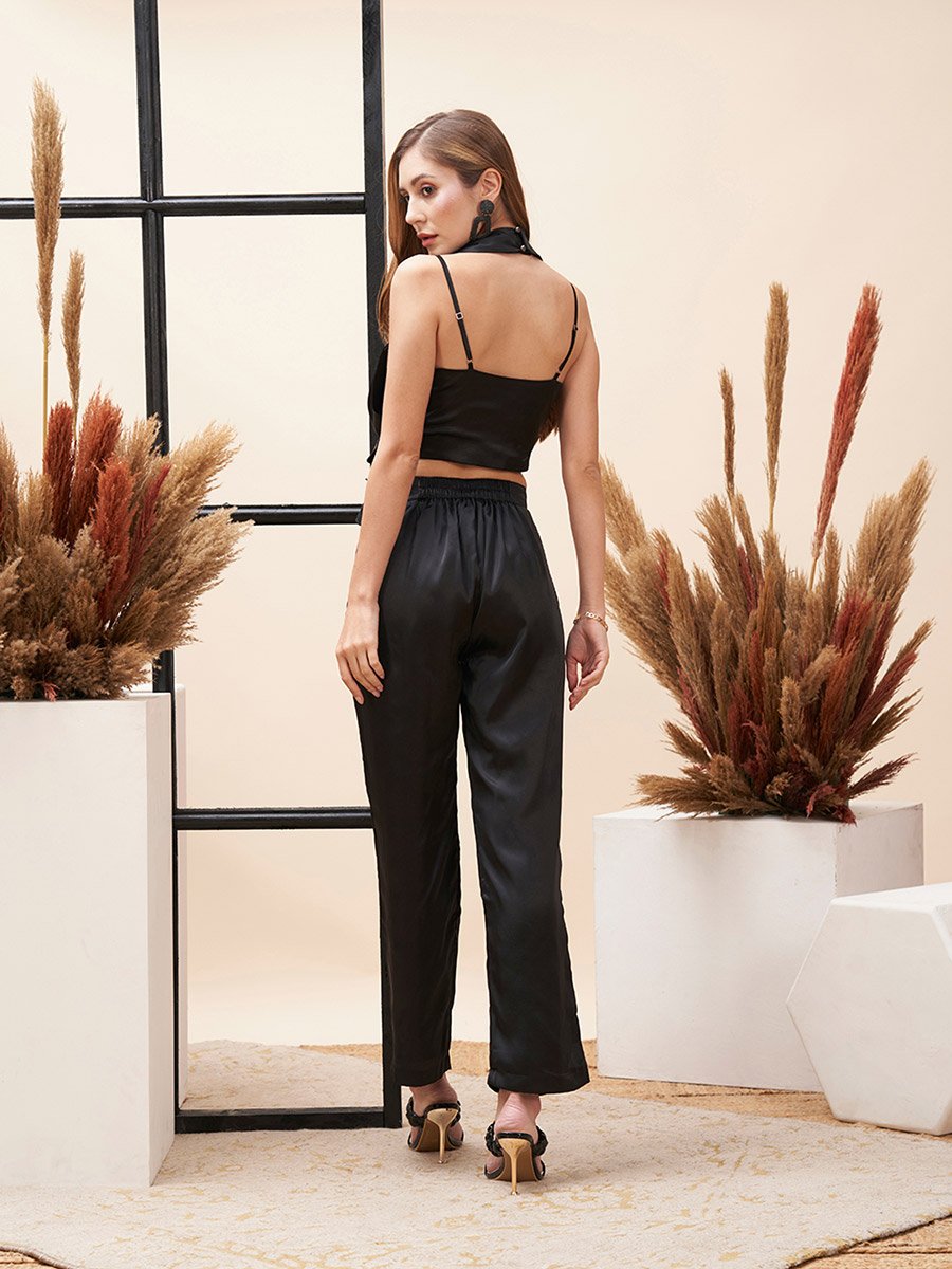 Pleated Draped Halter Neck Top and Straight Fit Pants Co-Ords